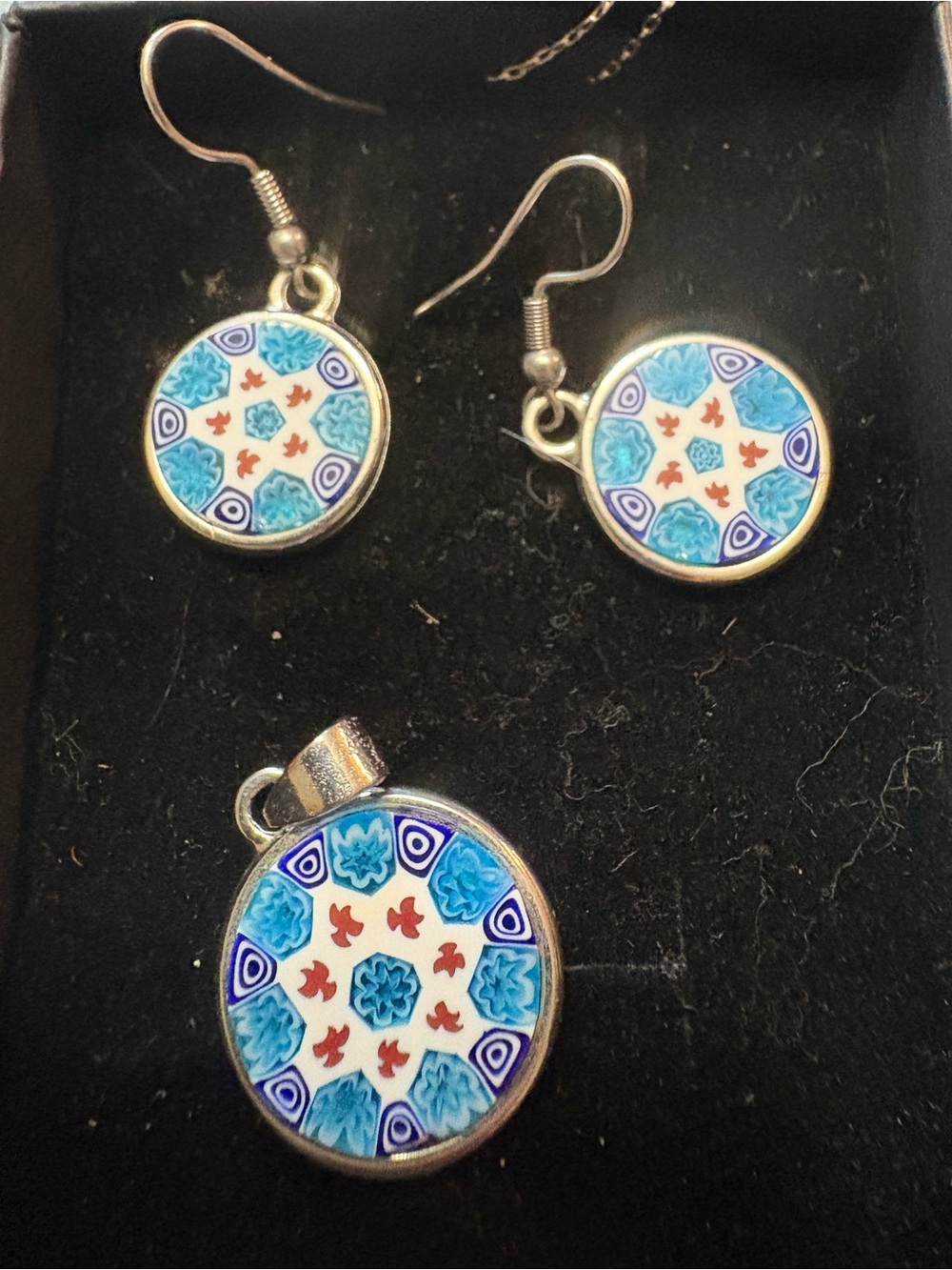 Murano Blue White and Red Millefiori Drop Earrings - Picture 2 of 4